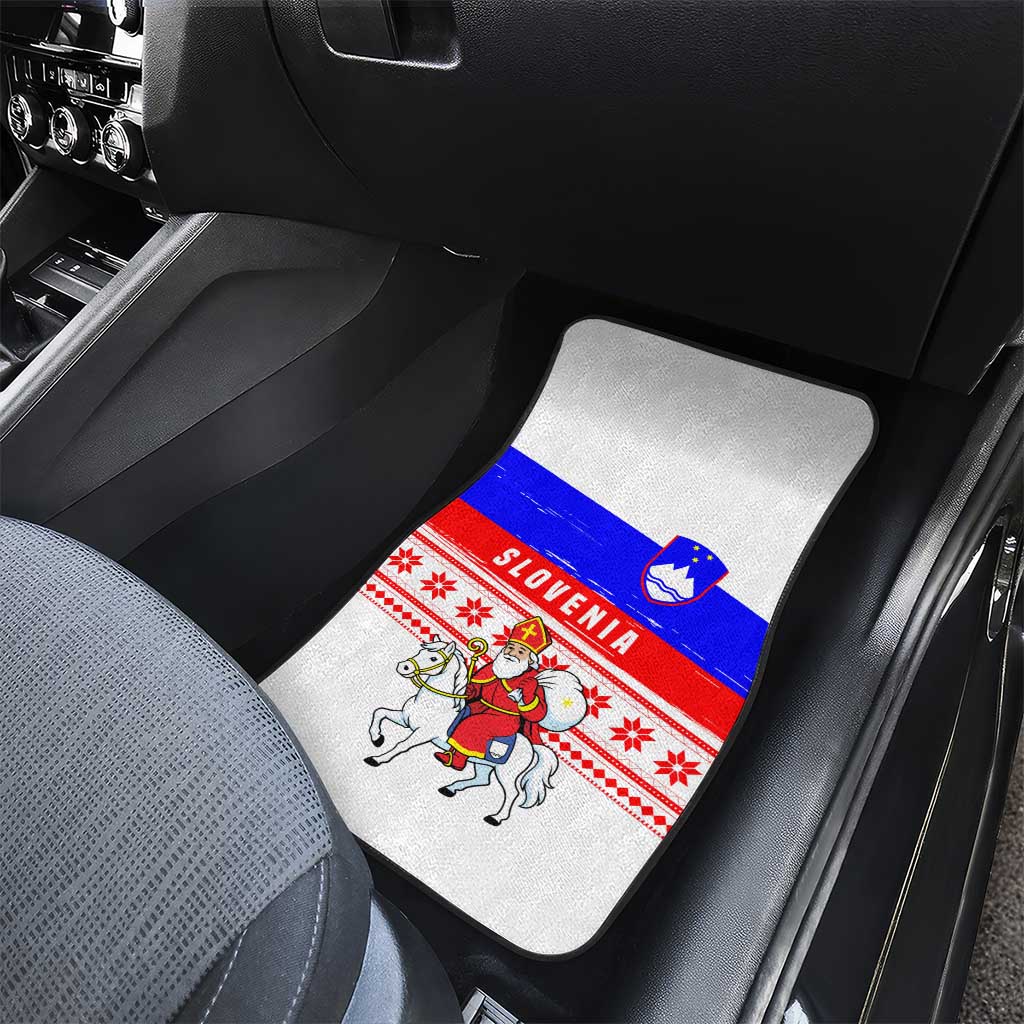 Slovenia Christmas Car Mats with Saint Nicholas White Horse Snowflake Pattern and National Flag Design - Wonder Print Shop
