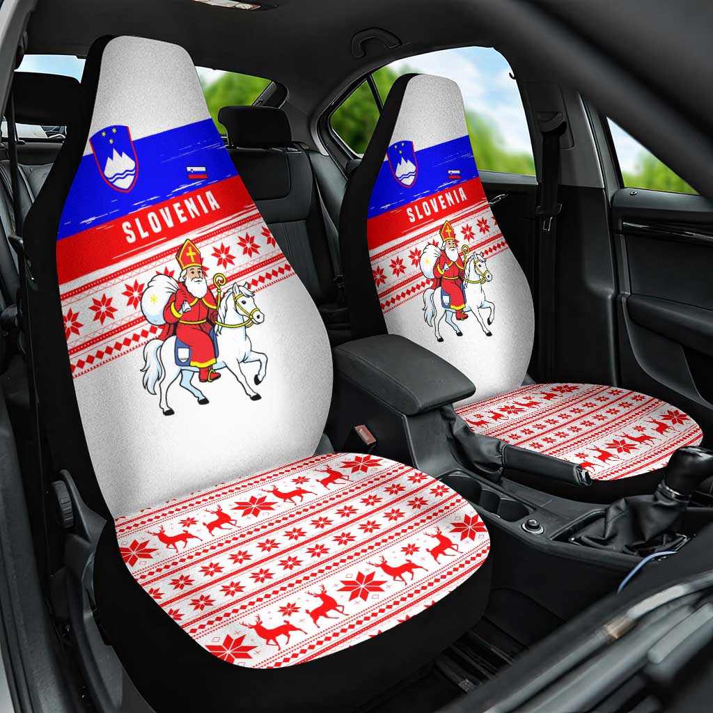 Slovenia Christmas Car Seat Cover with Saint Nicholas White Horse Snowflake Pattern and National Flag Design - Wonder Print Shop