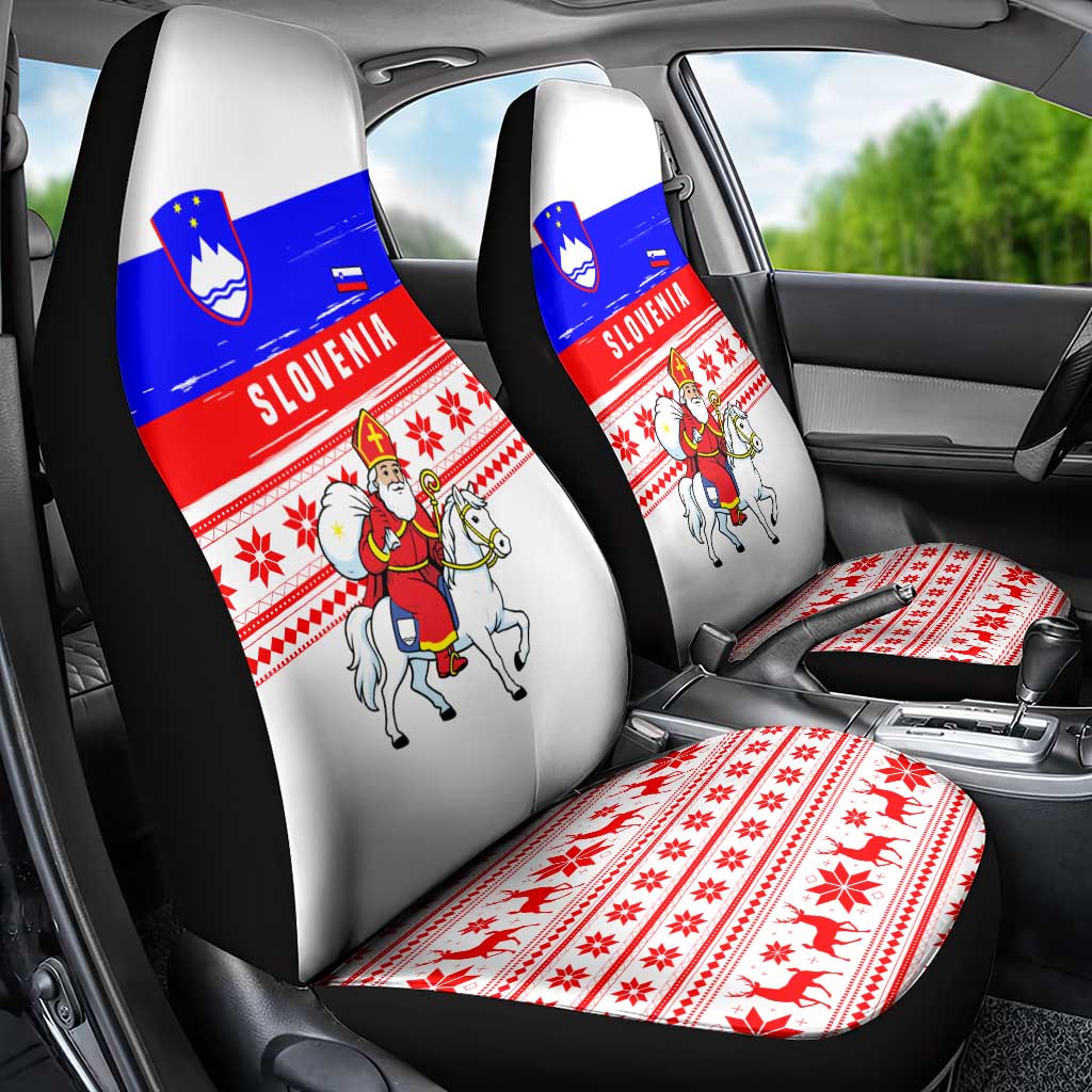 Slovenia Christmas Car Seat Cover with Saint Nicholas White Horse Snowflake Pattern and National Flag Design - Wonder Print Shop