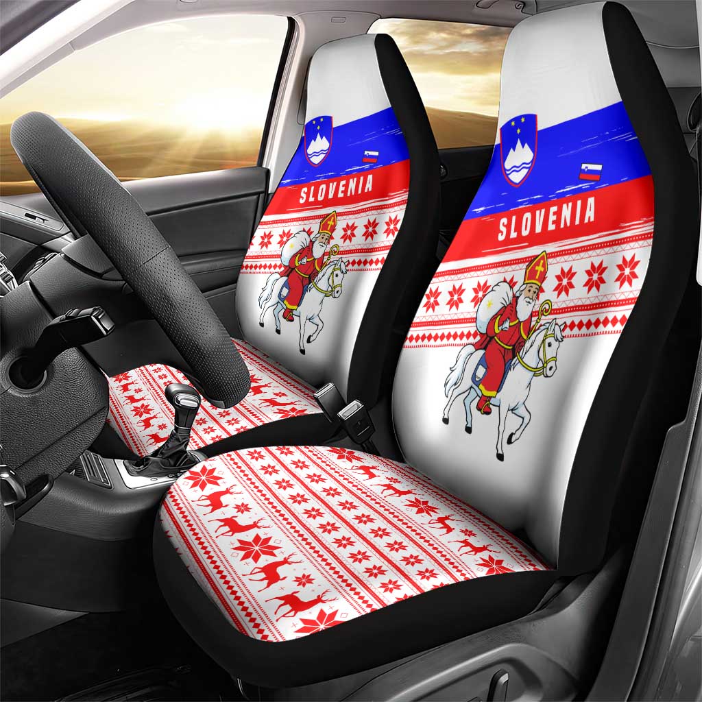Slovenia Christmas Car Seat Cover with Saint Nicholas White Horse Snowflake Pattern and National Flag Design - Wonder Print Shop