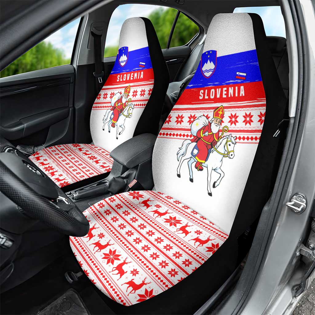 Slovenia Christmas Car Seat Cover with Saint Nicholas White Horse Snowflake Pattern and National Flag Design - Wonder Print Shop