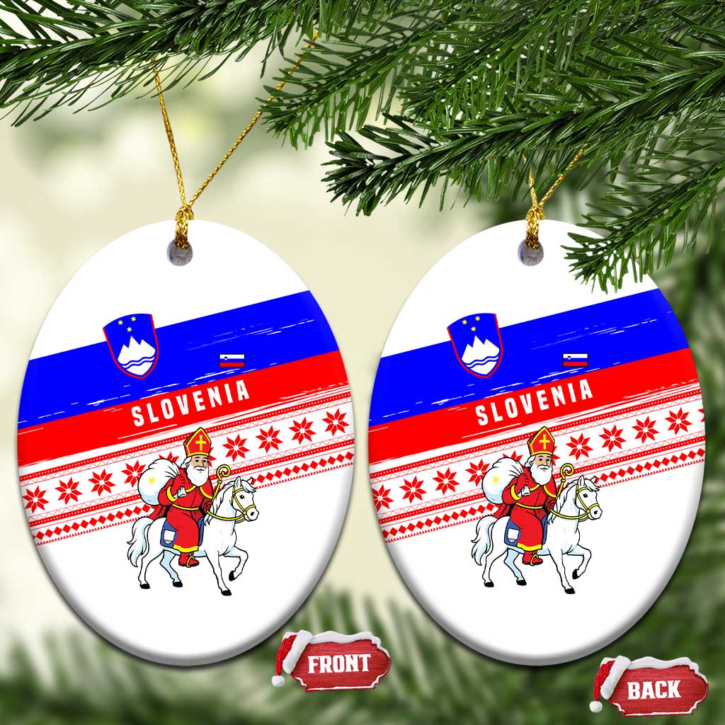 Slovenia Christmas Ceramic Ornament with Saint Nicholas White Horse Snowflake Pattern and National Flag Design - Wonder Print Shop