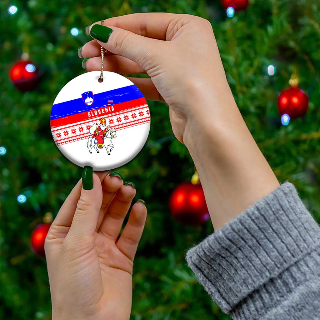 Slovenia Christmas Ceramic Ornament with Saint Nicholas White Horse Snowflake Pattern and National Flag Design - Wonder Print Shop