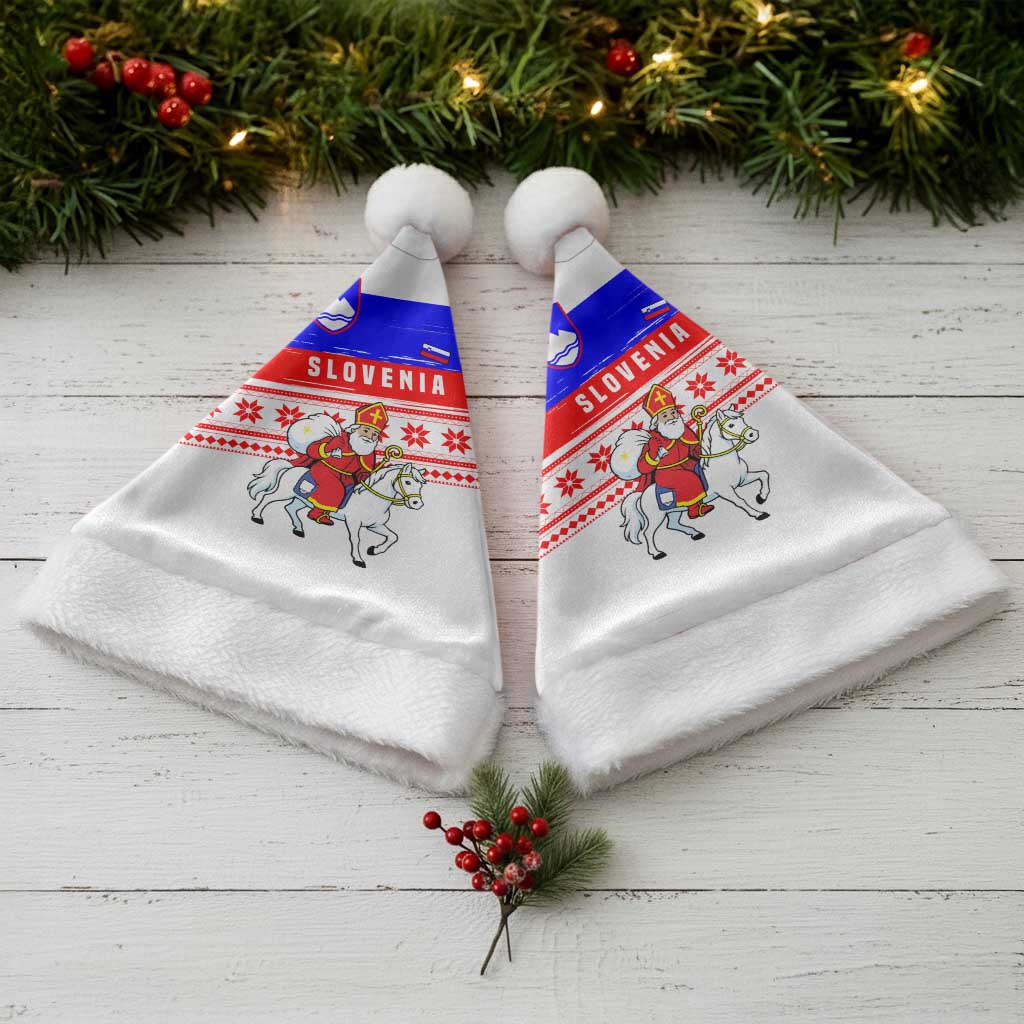 Slovenia Christmas Santa Hat with Saint Nicholas White Horse Snowflake Pattern and National Flag Design - Wonder Print Shop
