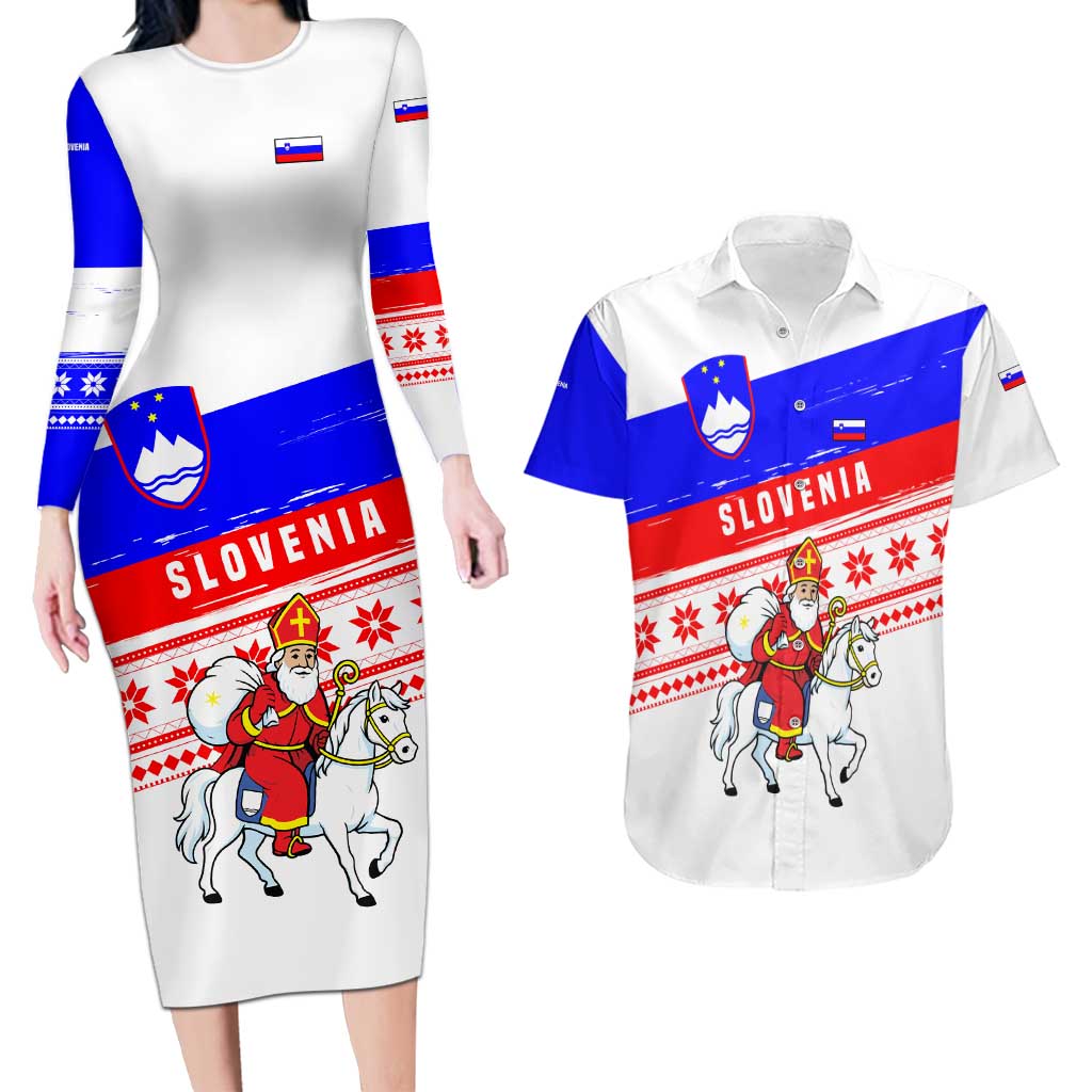 Slovenia Christmas Couples Matching Long Sleeve Bodycon Dress and Hawaiian Shirt with Saint Nicholas White Horse Snowflake Pattern and National Flag Design - Wonder Print Shop