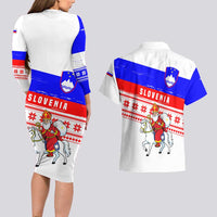 Slovenia Christmas Couples Matching Long Sleeve Bodycon Dress and Hawaiian Shirt with Saint Nicholas White Horse Snowflake Pattern and National Flag Design - Wonder Print Shop