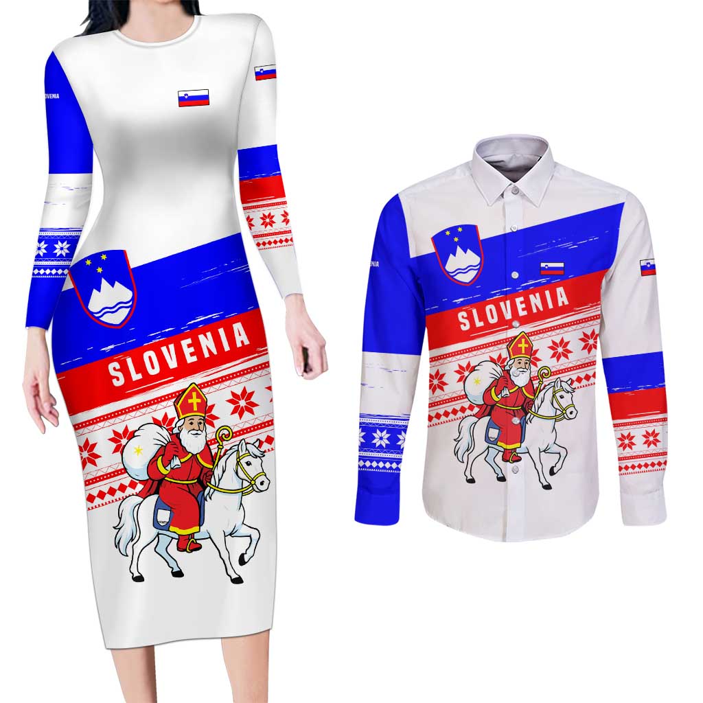 Slovenia Christmas Couples Matching Long Sleeve Bodycon Dress and Long Sleeve Button Shirt with Saint Nicholas White Horse Snowflake Pattern and National Flag Design - Wonder Print Shop