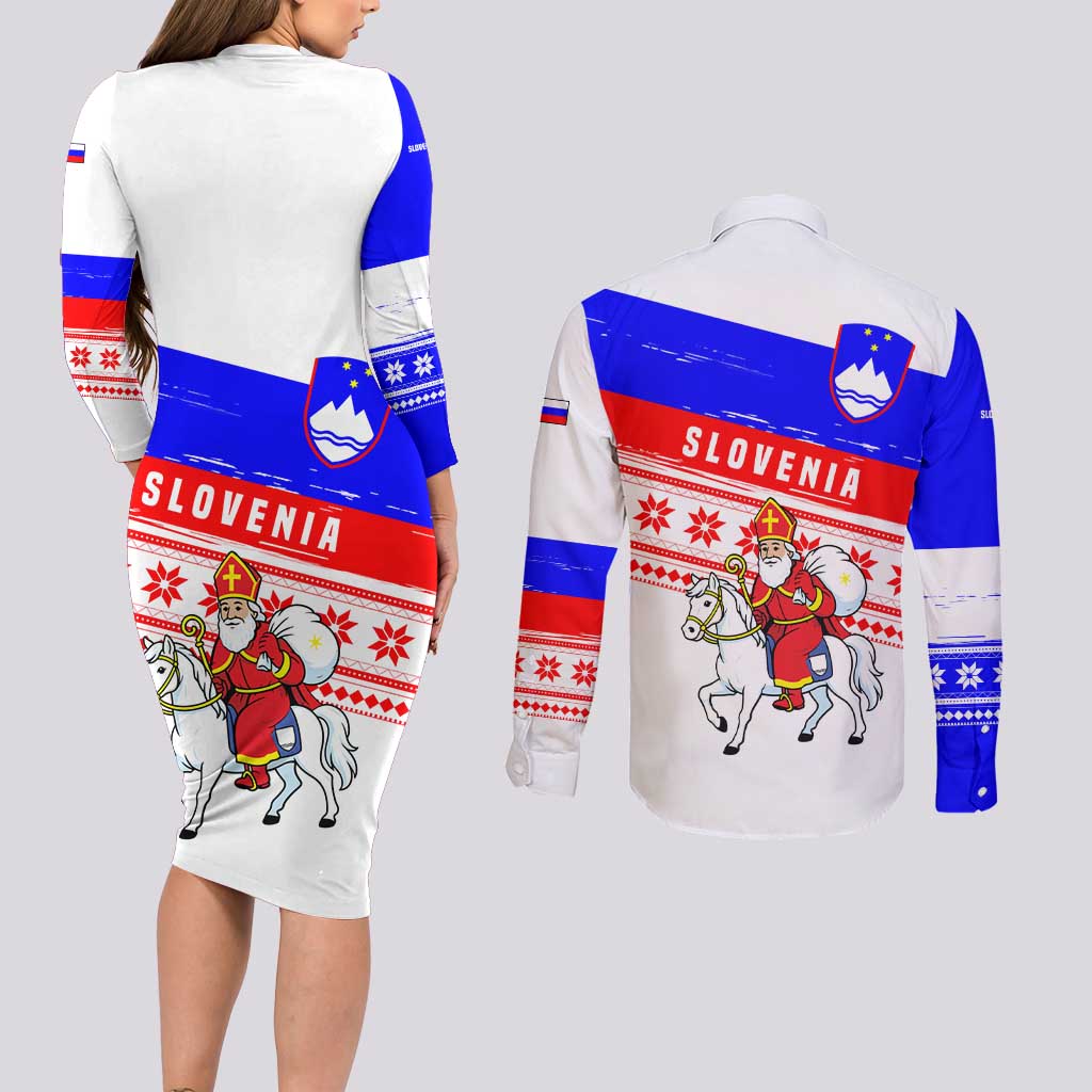 Slovenia Christmas Couples Matching Long Sleeve Bodycon Dress and Long Sleeve Button Shirt with Saint Nicholas White Horse Snowflake Pattern and National Flag Design - Wonder Print Shop