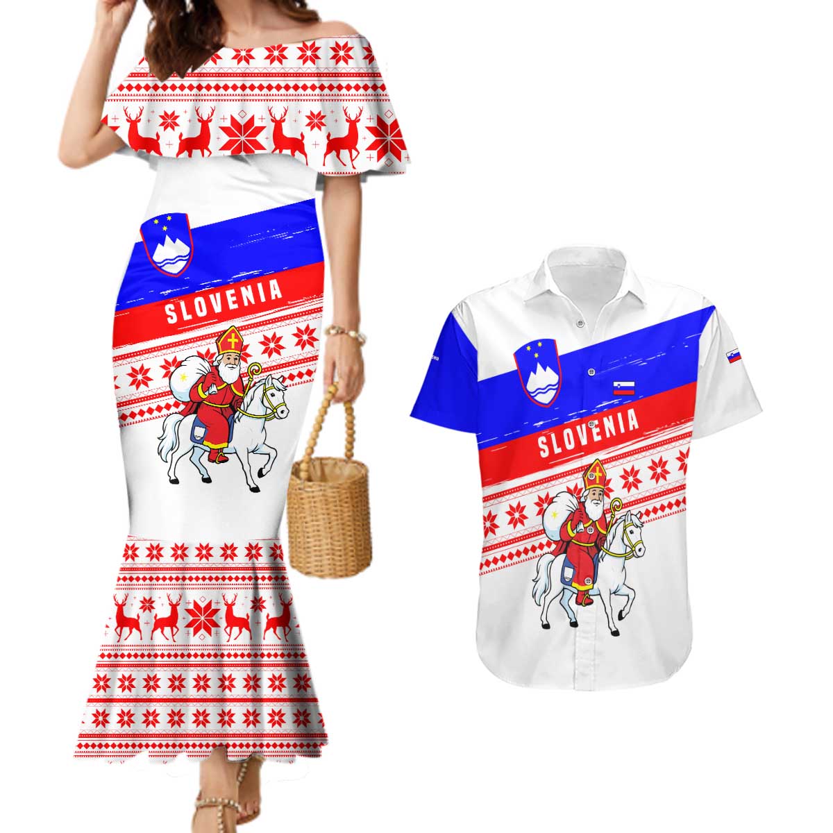 Slovenia Christmas Couples Matching Mermaid Dress and Hawaiian Shirt with Saint Nicholas White Horse Snowflake Pattern and National Flag Design - Wonder Print Shop