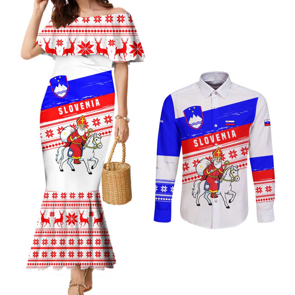 Slovenia Christmas Couples Matching Mermaid Dress and Long Sleeve Button Shirt with Saint Nicholas White Horse Snowflake Pattern and National Flag Design - Wonder Print Shop