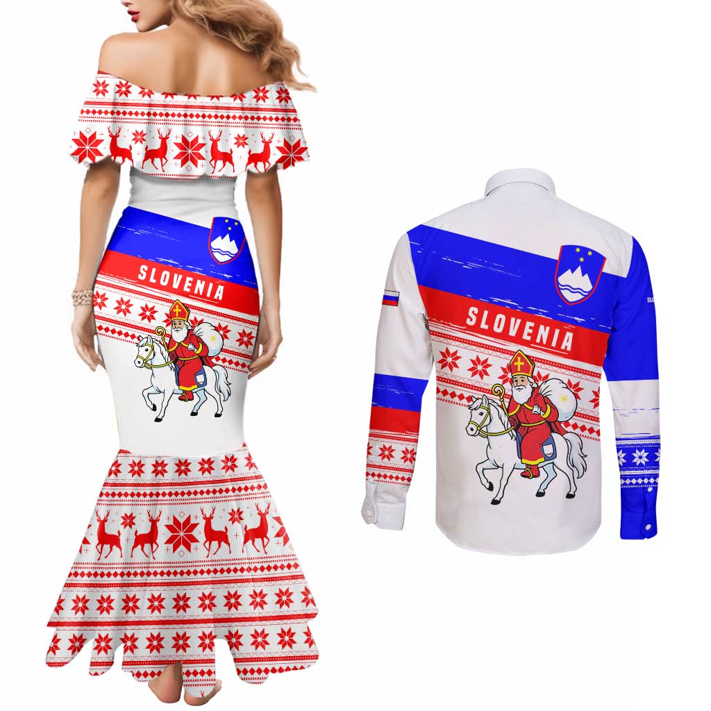 Slovenia Christmas Couples Matching Mermaid Dress and Long Sleeve Button Shirt with Saint Nicholas White Horse Snowflake Pattern and National Flag Design - Wonder Print Shop