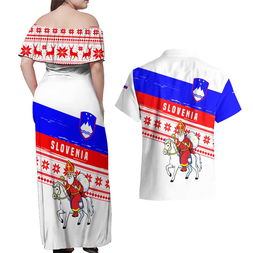 Slovenia Christmas Couples Matching Off Shoulder Maxi Dress and Hawaiian Shirt with Saint Nicholas White Horse Snowflake Pattern and National Flag Design - Wonder Print Shop
