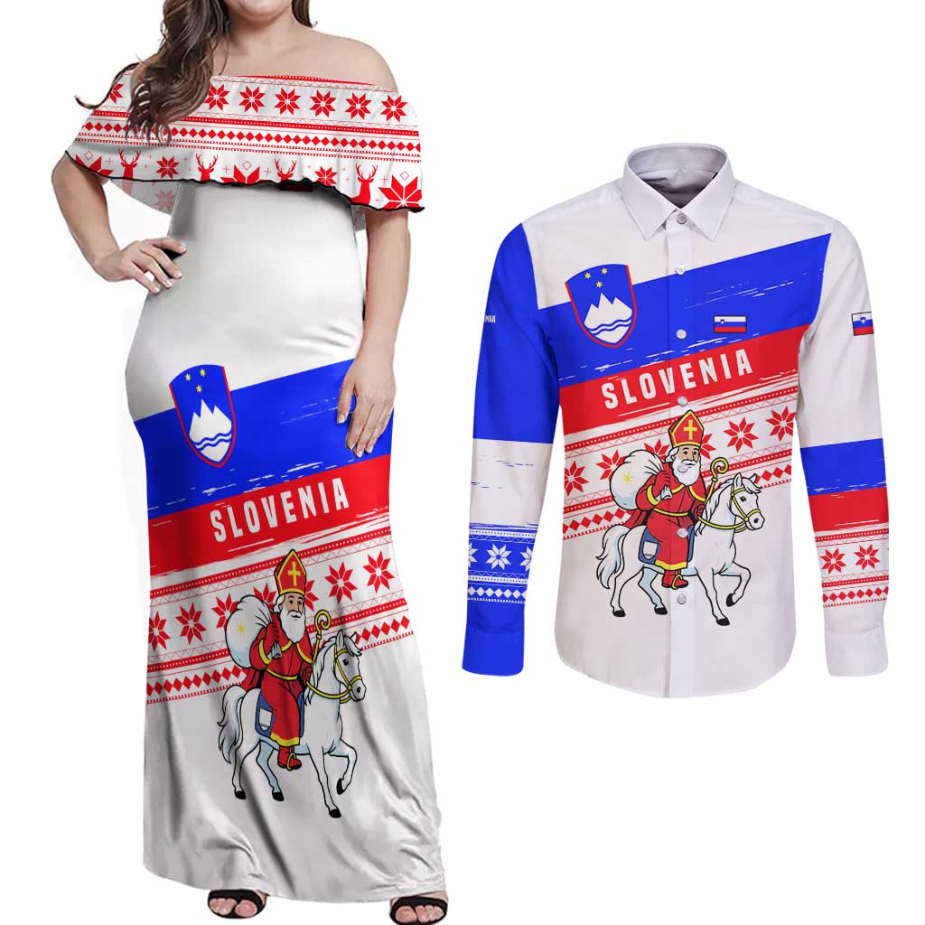 Slovenia Christmas Couples Matching Off Shoulder Maxi Dress and Long Sleeve Button Shirt with Saint Nicholas White Horse Snowflake Pattern and National Flag Design - Wonder Print Shop