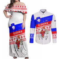 Slovenia Christmas Couples Matching Off Shoulder Maxi Dress and Long Sleeve Button Shirt with Saint Nicholas White Horse Snowflake Pattern and National Flag Design - Wonder Print Shop