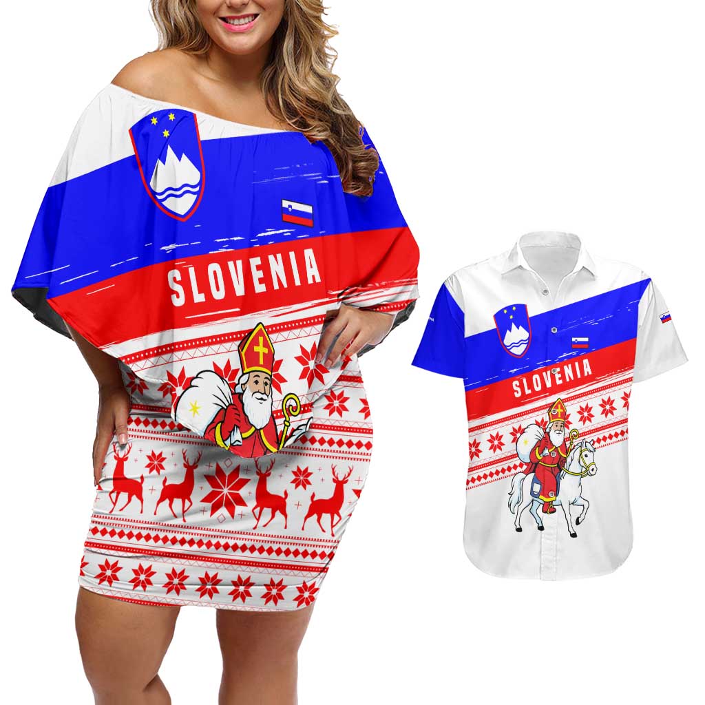 Slovenia Christmas Couples Matching Off Shoulder Short Dress and Hawaiian Shirt with Saint Nicholas White Horse Snowflake Pattern and National Flag Design - Wonder Print Shop