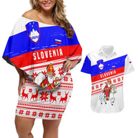 Slovenia Christmas Couples Matching Off Shoulder Short Dress and Hawaiian Shirt with Saint Nicholas White Horse Snowflake Pattern and National Flag Design - Wonder Print Shop