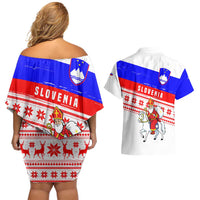 Slovenia Christmas Couples Matching Off Shoulder Short Dress and Hawaiian Shirt with Saint Nicholas White Horse Snowflake Pattern and National Flag Design - Wonder Print Shop