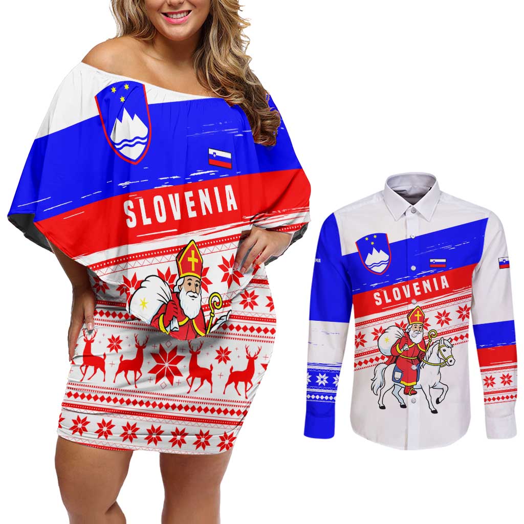 Slovenia Christmas Couples Matching Off Shoulder Short Dress and Long Sleeve Button Shirt with Saint Nicholas White Horse Snowflake Pattern and National Flag Design - Wonder Print Shop
