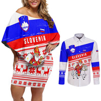 Slovenia Christmas Couples Matching Off Shoulder Short Dress and Long Sleeve Button Shirt with Saint Nicholas White Horse Snowflake Pattern and National Flag Design - Wonder Print Shop