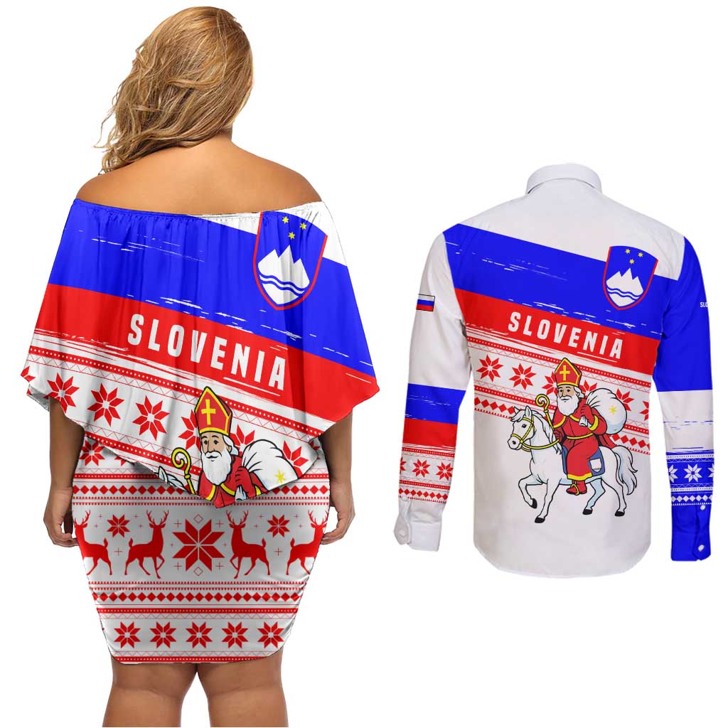 Slovenia Christmas Couples Matching Off Shoulder Short Dress and Long Sleeve Button Shirt with Saint Nicholas White Horse Snowflake Pattern and National Flag Design - Wonder Print Shop