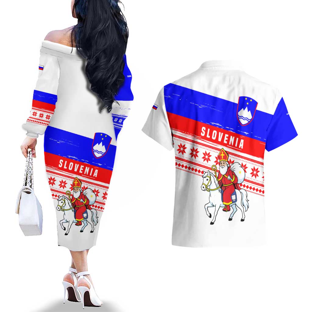 Slovenia Christmas Couples Matching Off The Shoulder Long Sleeve Dress and Hawaiian Shirt with Saint Nicholas White Horse Snowflake Pattern and National Flag Design - Wonder Print Shop