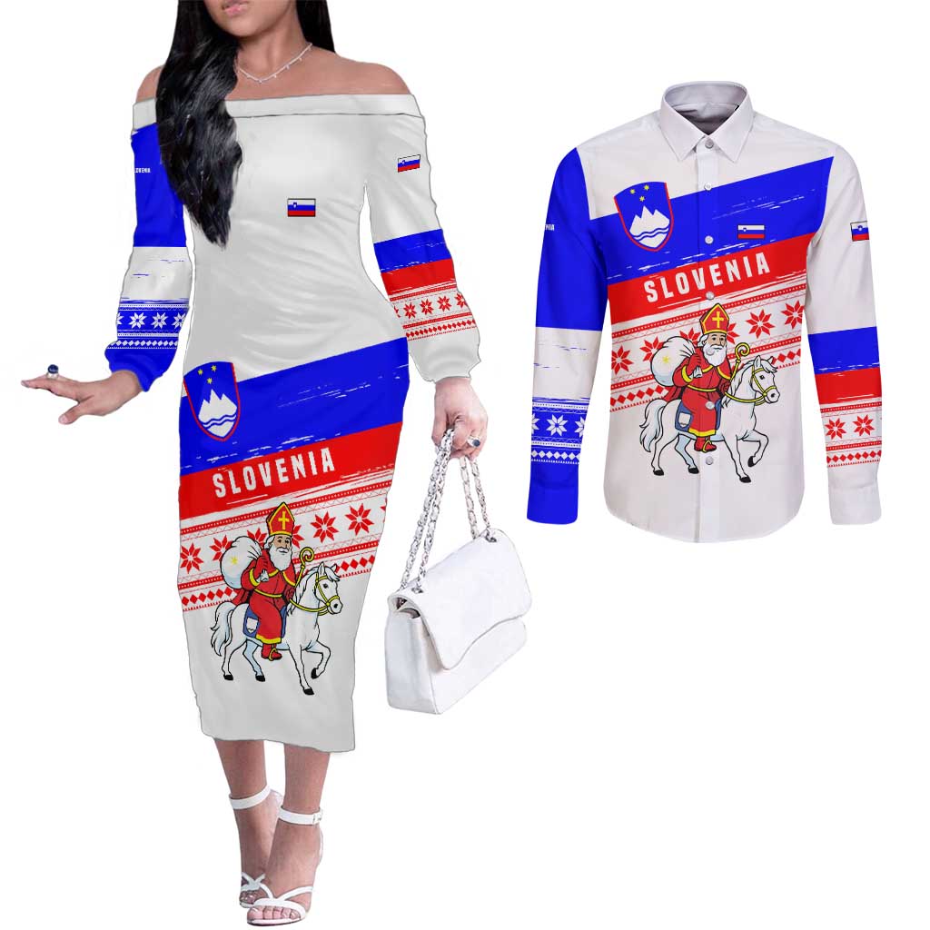 Slovenia Christmas Couples Matching Off The Shoulder Long Sleeve Dress and Long Sleeve Button Shirt with Saint Nicholas White Horse Snowflake Pattern and National Flag Design - Wonder Print Shop