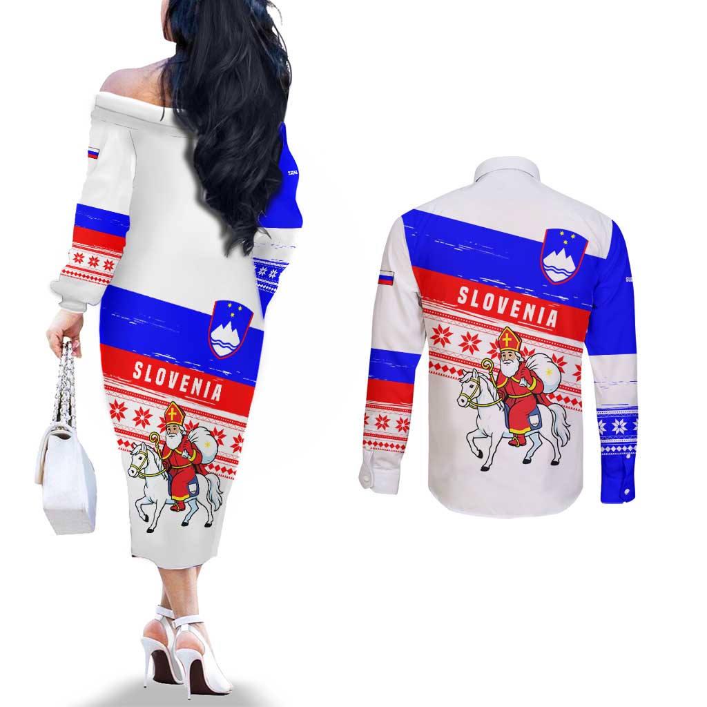 Slovenia Christmas Couples Matching Off The Shoulder Long Sleeve Dress and Long Sleeve Button Shirt with Saint Nicholas White Horse Snowflake Pattern and National Flag Design - Wonder Print Shop