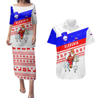 Slovenia Christmas Couples Matching Puletasi and Hawaiian Shirt with Saint Nicholas White Horse Snowflake Pattern and National Flag Design - Wonder Print Shop