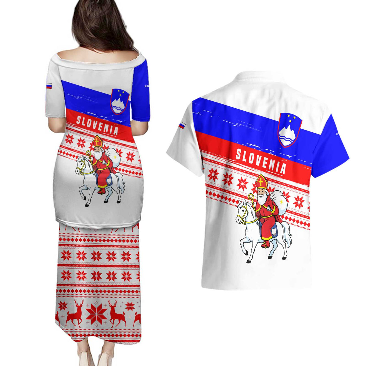 Slovenia Christmas Couples Matching Puletasi and Hawaiian Shirt with Saint Nicholas White Horse Snowflake Pattern and National Flag Design - Wonder Print Shop