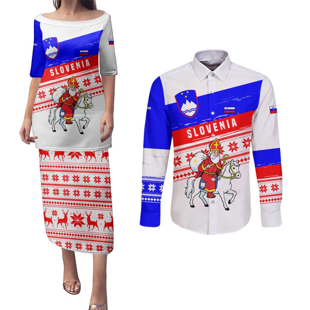 Slovenia Christmas Couples Matching Puletasi and Long Sleeve Button Shirt with Saint Nicholas White Horse Snowflake Pattern and National Flag Design - Wonder Print Shop
