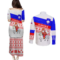 Slovenia Christmas Couples Matching Puletasi and Long Sleeve Button Shirt with Saint Nicholas White Horse Snowflake Pattern and National Flag Design - Wonder Print Shop