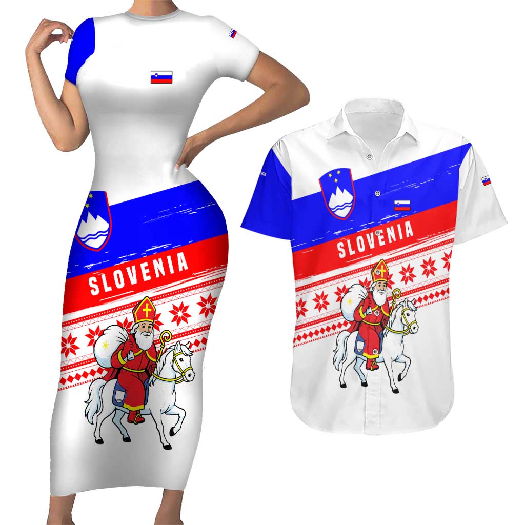 Slovenia Christmas Couples Matching Short Sleeve Bodycon Dress and Hawaiian Shirt with Saint Nicholas White Horse Snowflake Pattern and National Flag Design - Wonder Print Shop