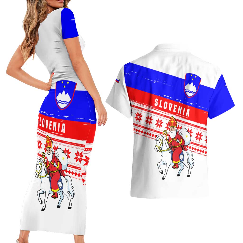 Slovenia Christmas Couples Matching Short Sleeve Bodycon Dress and Hawaiian Shirt with Saint Nicholas White Horse Snowflake Pattern and National Flag Design - Wonder Print Shop