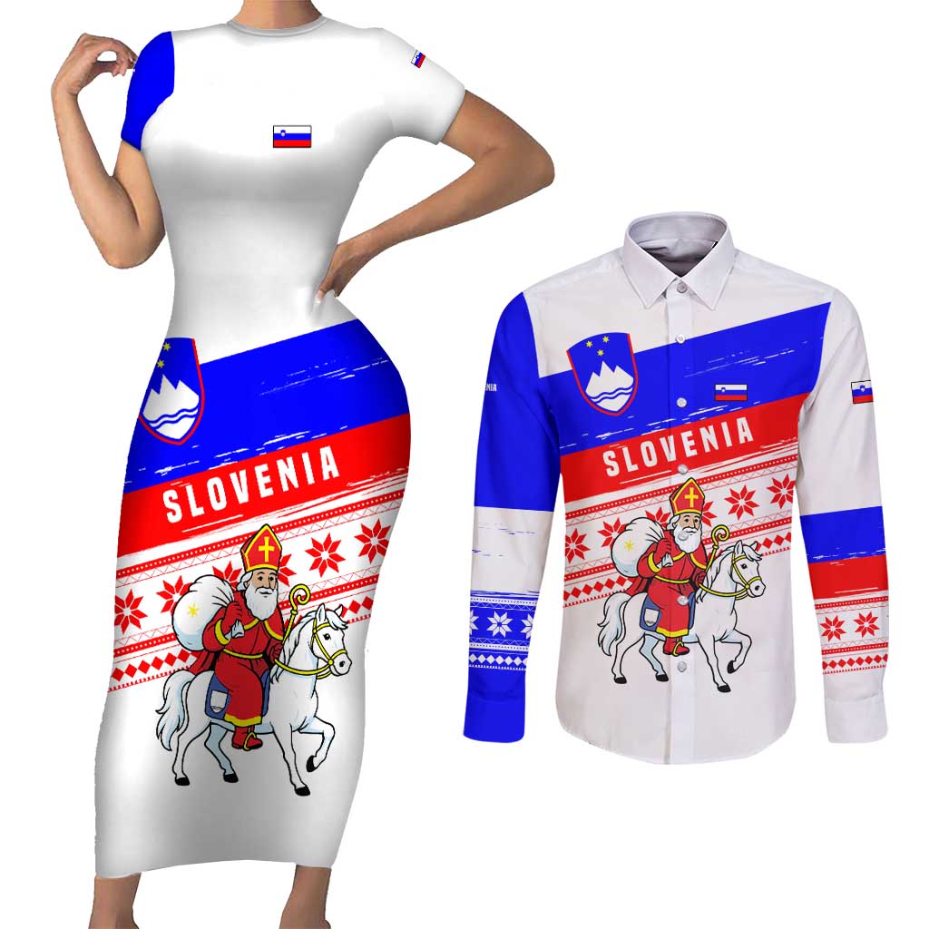 Slovenia Christmas Couples Matching Short Sleeve Bodycon Dress and Long Sleeve Button Shirt with Saint Nicholas White Horse Snowflake Pattern and National Flag Design - Wonder Print Shop