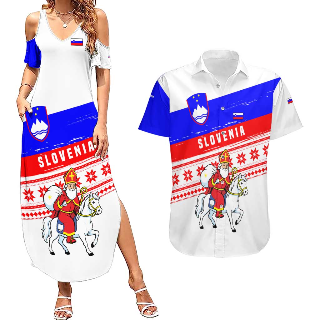 Slovenia Christmas Couples Matching Summer Maxi Dress and Hawaiian Shirt with Saint Nicholas White Horse Snowflake Pattern and National Flag Design - Wonder Print Shop