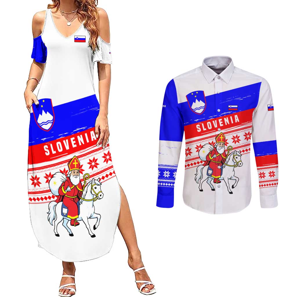 Slovenia Christmas Couples Matching Summer Maxi Dress and Long Sleeve Button Shirt with Saint Nicholas White Horse Snowflake Pattern and National Flag Design - Wonder Print Shop