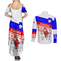 Slovenia Christmas Couples Matching Summer Maxi Dress and Long Sleeve Button Shirt with Saint Nicholas White Horse Snowflake Pattern and National Flag Design - Wonder Print Shop