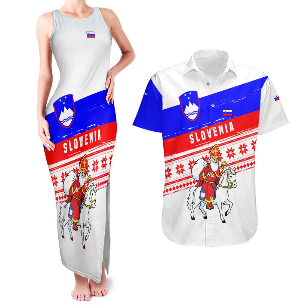 Slovenia Christmas Couples Matching Tank Maxi Dress and Hawaiian Shirt with Saint Nicholas White Horse Snowflake Pattern and National Flag Design - Wonder Print Shop