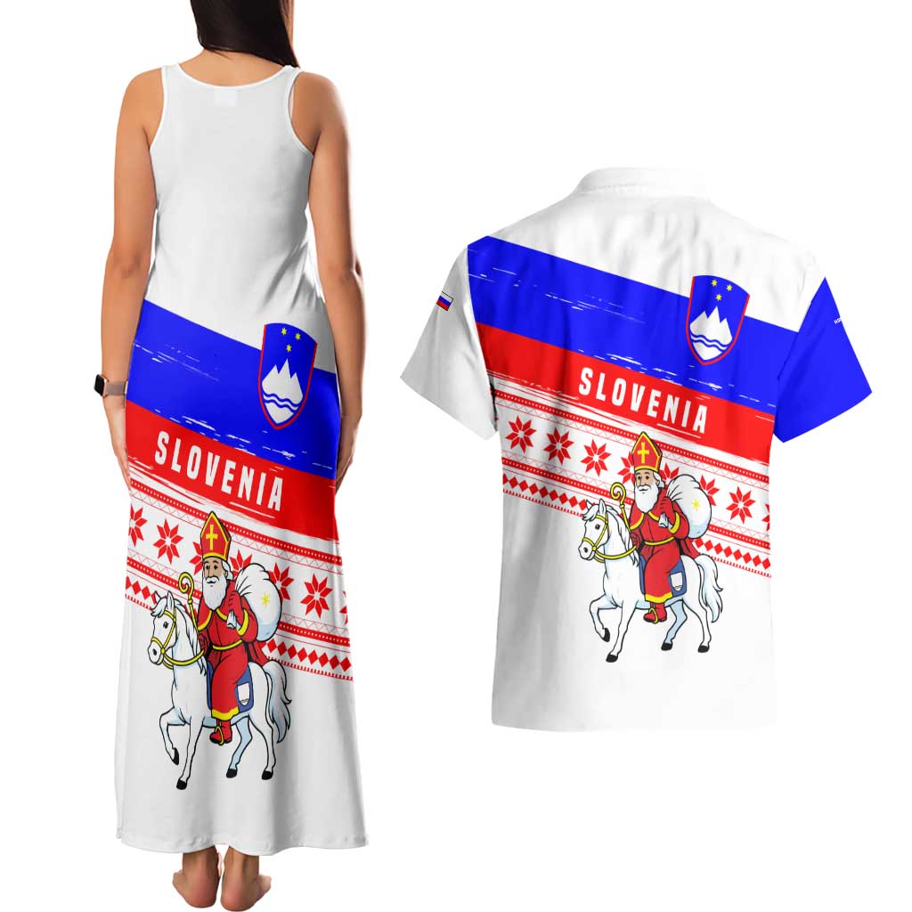 Slovenia Christmas Couples Matching Tank Maxi Dress and Hawaiian Shirt with Saint Nicholas White Horse Snowflake Pattern and National Flag Design - Wonder Print Shop