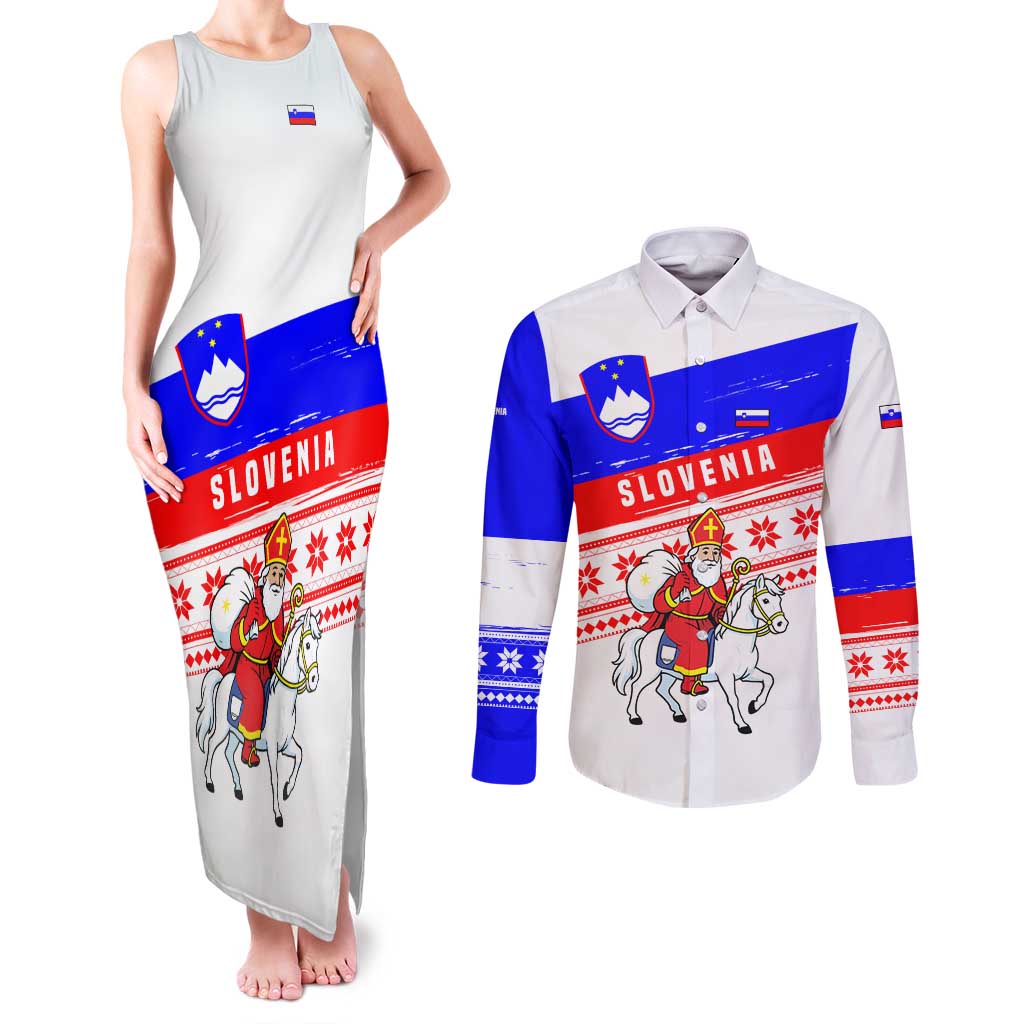 Slovenia Christmas Couples Matching Tank Maxi Dress and Long Sleeve Button Shirt with Saint Nicholas White Horse Snowflake Pattern and National Flag Design - Wonder Print Shop