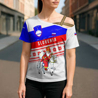 Slovenia Christmas Cross Shoulder Shirt with Saint Nicholas White Horse Snowflake Pattern and National Flag Design - Wonder Print Shop