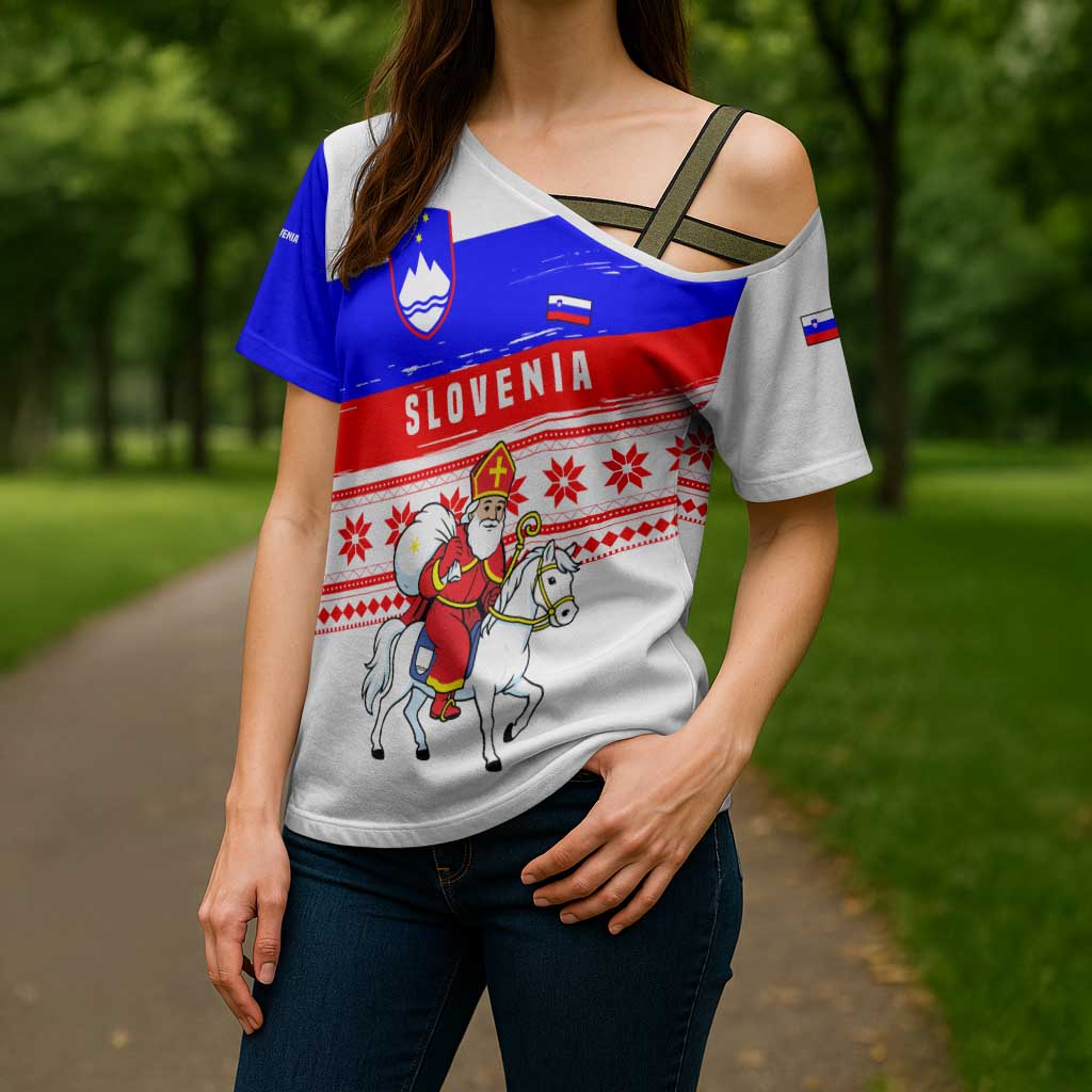Slovenia Christmas Cross Shoulder Shirt with Saint Nicholas White Horse Snowflake Pattern and National Flag Design - Wonder Print Shop