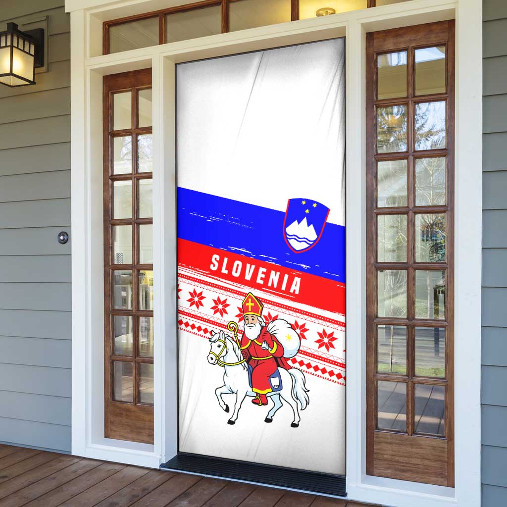 Slovenia Christmas Door Cover with Saint Nicholas White Horse Snowflake Pattern and National Flag Design - Wonder Print Shop