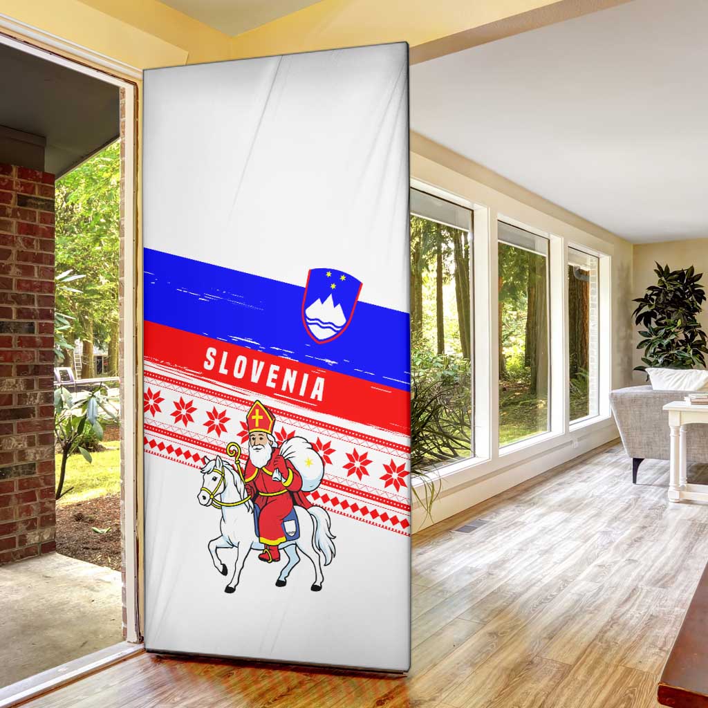 Slovenia Christmas Door Cover with Saint Nicholas White Horse Snowflake Pattern and National Flag Design - Wonder Print Shop