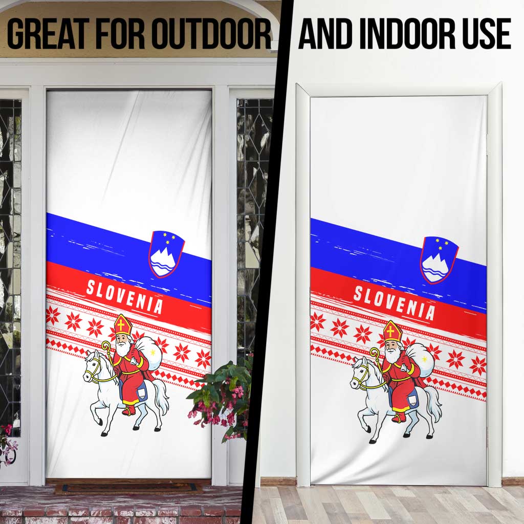 Slovenia Christmas Door Cover with Saint Nicholas White Horse Snowflake Pattern and National Flag Design - Wonder Print Shop