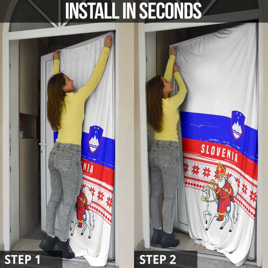 Slovenia Christmas Door Cover with Saint Nicholas White Horse Snowflake Pattern and National Flag Design - Wonder Print Shop