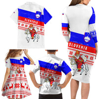 Slovenia Christmas Family Matching Long Sleeve Bodycon Dress and Hawaiian Shirt with Saint Nicholas White Horse Snowflake Pattern and National Flag Design - Wonder Print Shop