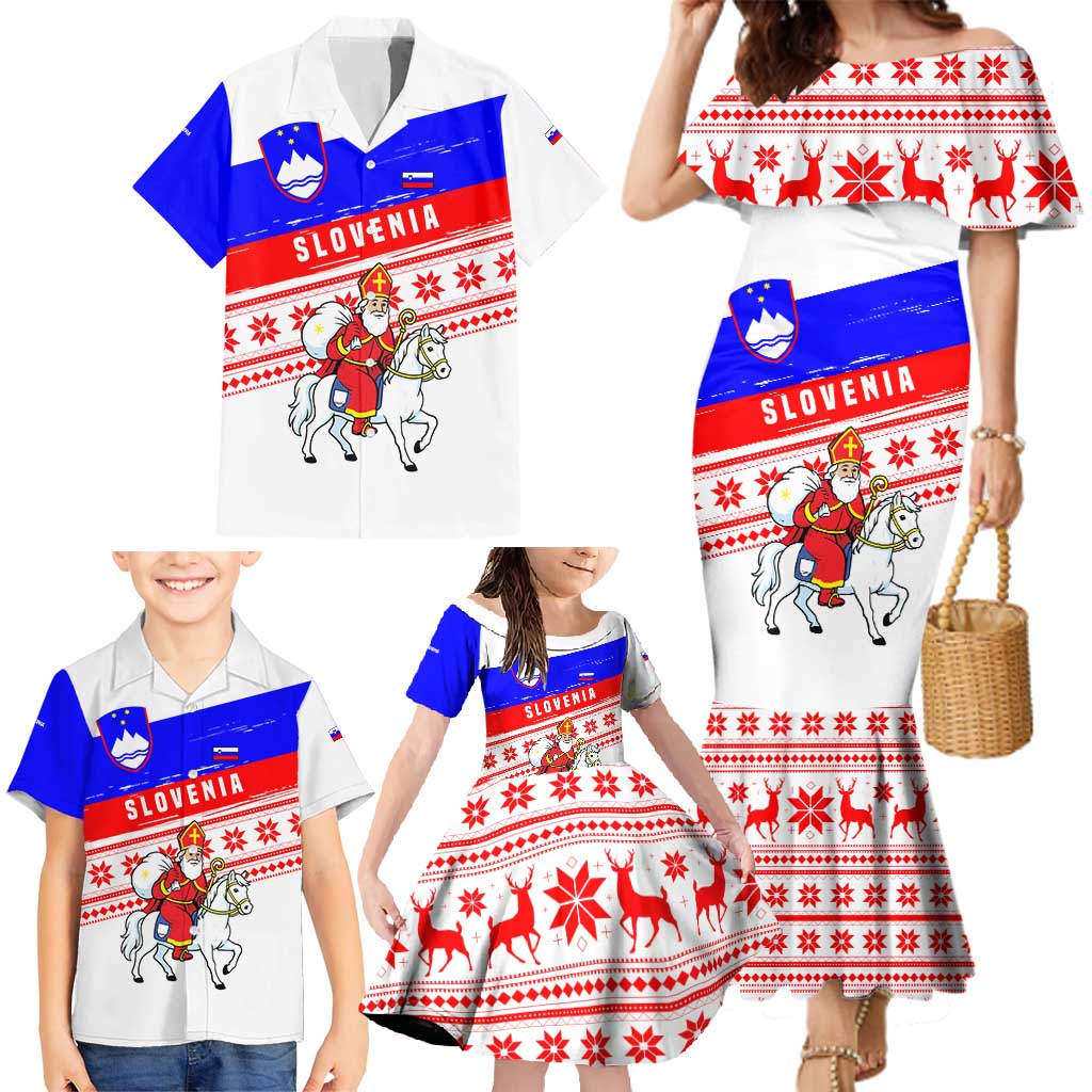 Slovenia Christmas Family Matching Mermaid Dress and Hawaiian Shirt with Saint Nicholas White Horse Snowflake Pattern and National Flag Design - Wonder Print Shop