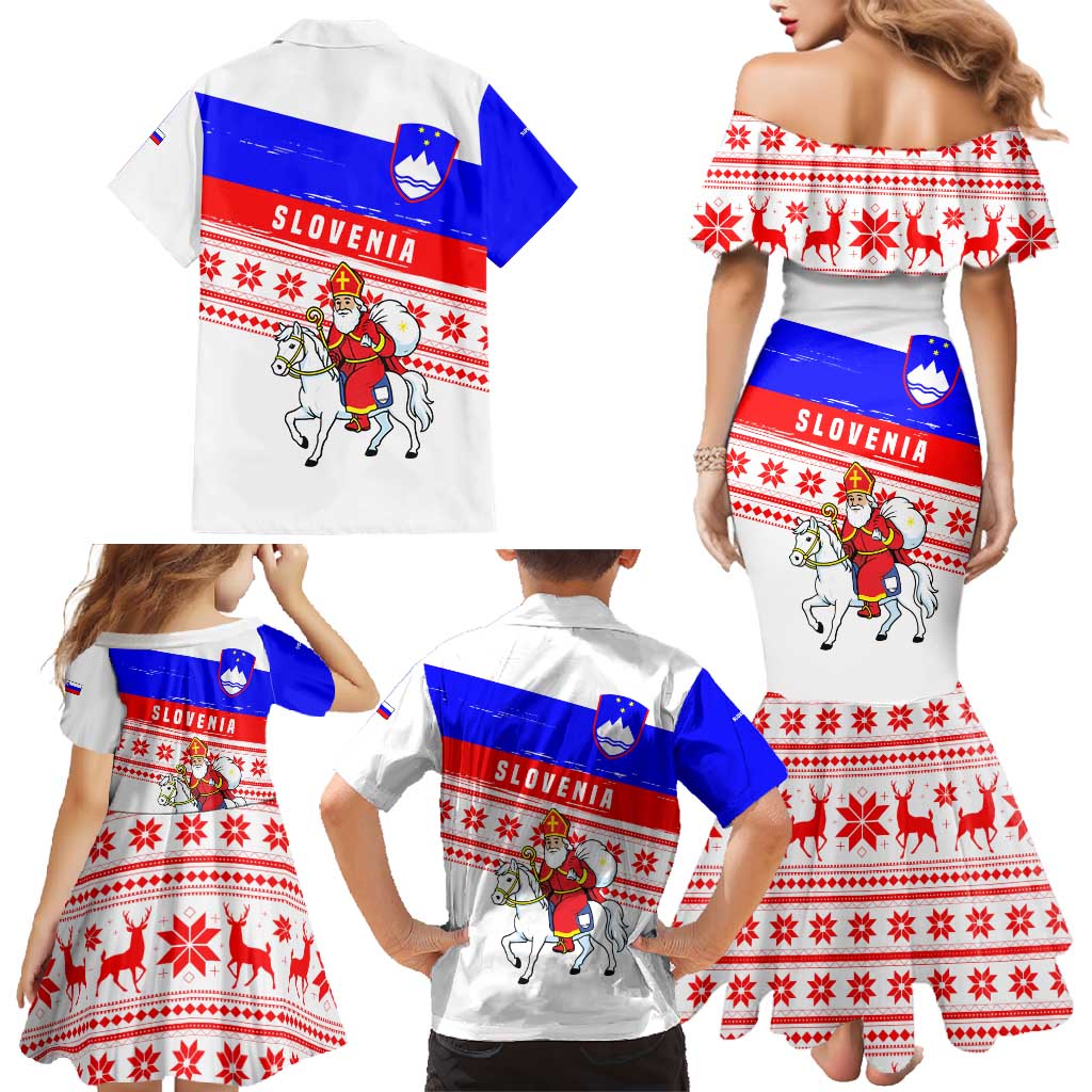 Slovenia Christmas Family Matching Mermaid Dress and Hawaiian Shirt with Saint Nicholas White Horse Snowflake Pattern and National Flag Design - Wonder Print Shop