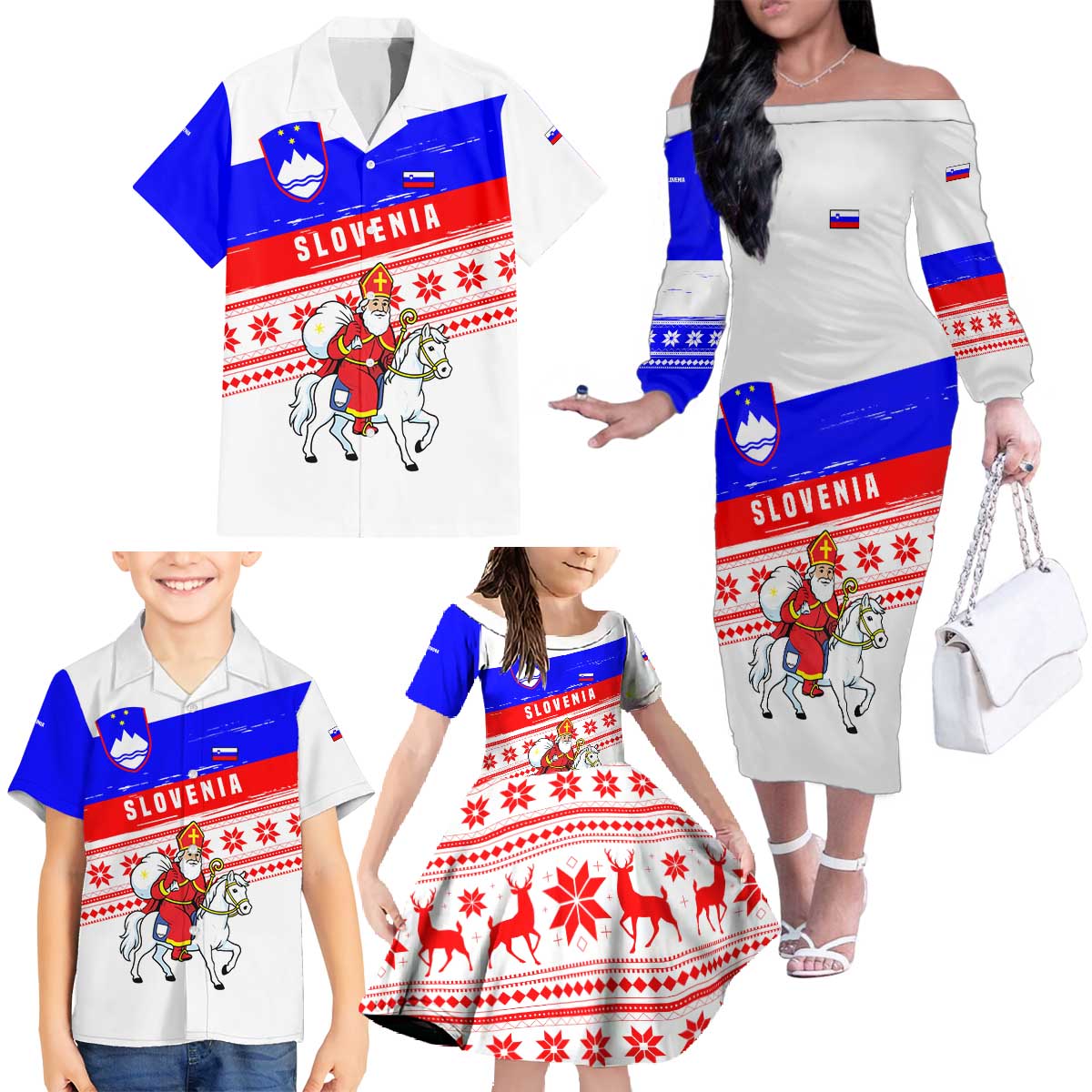 Slovenia Christmas Family Matching Off The Shoulder Long Sleeve Dress and Hawaiian Shirt with Saint Nicholas White Horse Snowflake Pattern and National Flag Design - Wonder Print Shop